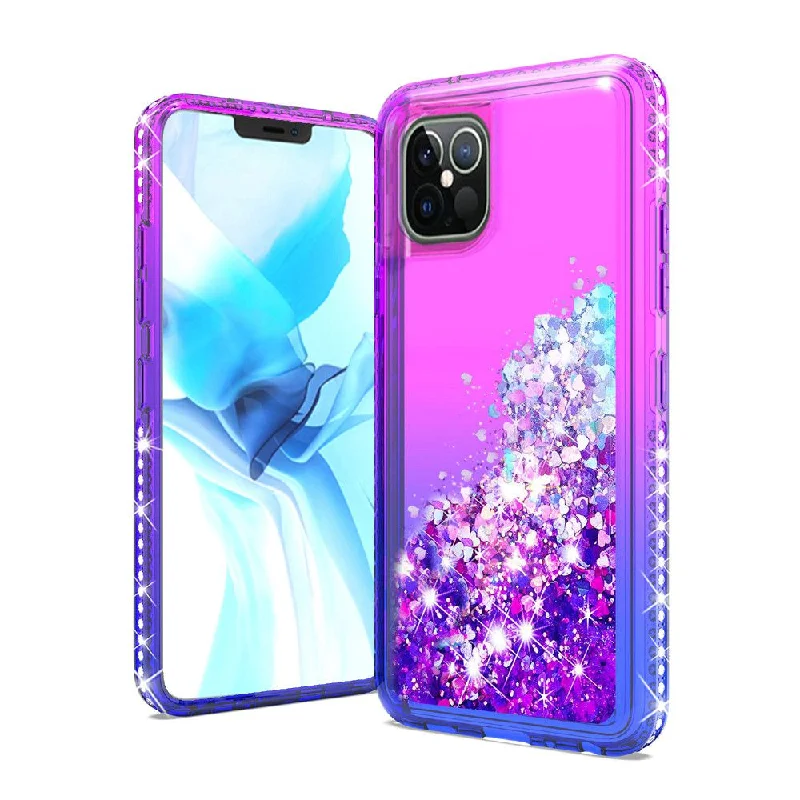 For iPhone 12 Pro Max 6.7 Diamond Edged Quicksand Glitter Case Cover - Purple+Blue