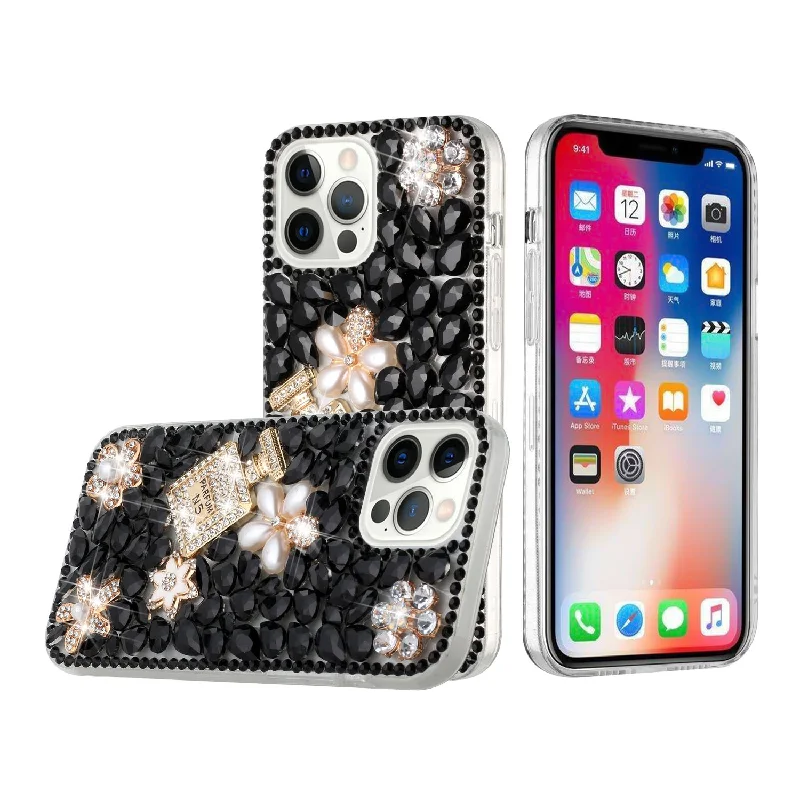 For Apple iPhone 14 PRO MAX 6.7" Full Diamond with Ornaments Case Cover - Pearl Flowers with Perfume Black