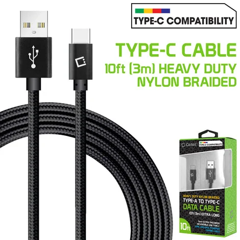 Cellet - 10 Ft Durable Nylon Braided Type C Data Transfer & Sync Fast Charge Cable 2.5 Amp