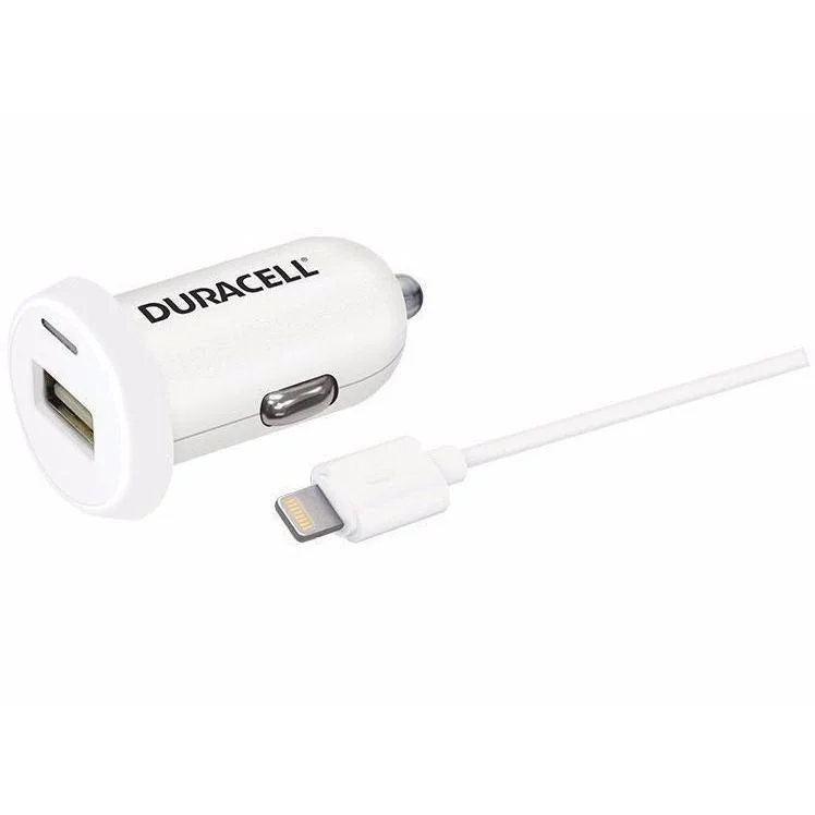 Duracell 2.4A USB Car Charger with 1m Lightning Cable - White