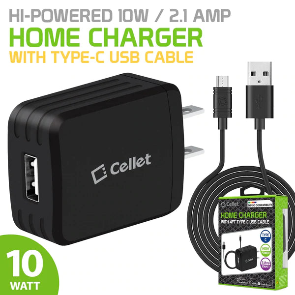 Cellet - High Power USB Home Charger, 2.1A/10W USB Home Charger (USB-C Cable Included)